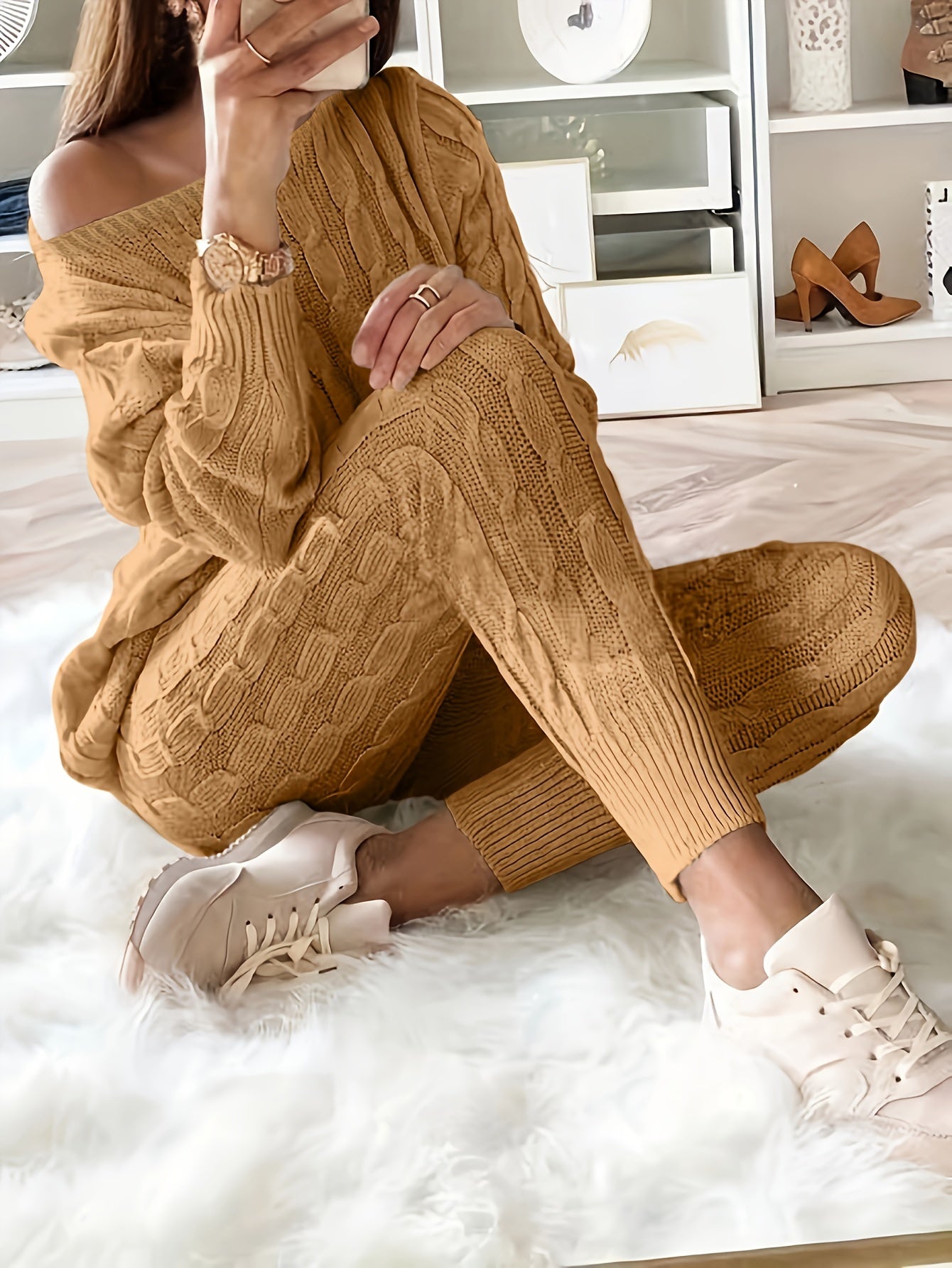 gbolsos Solid Knitted Matching Two-piece Set, Casual Long Sleeve Sweater & Pants Outfits, Women's Clothing