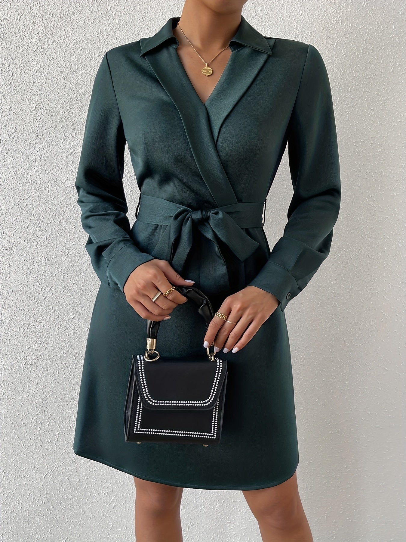 gbolsos Solid Surplice Neck Dress, Elegant Long Sleeve Simple Dress, Women's Clothing