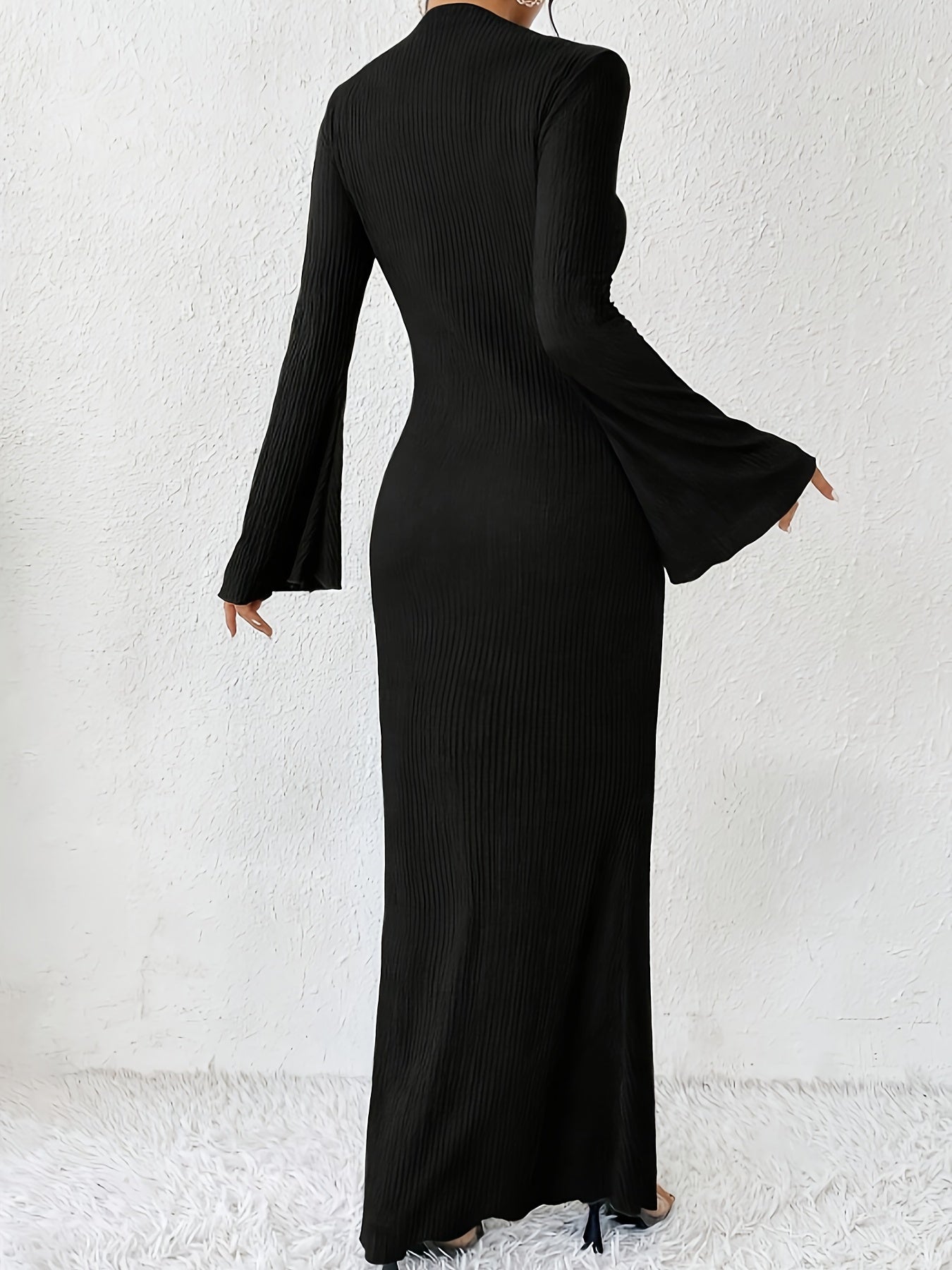 gbolsos Ribbed Solid Bodycon Dress, Elegant Bell Sleeve Dress For Spring & Fall, Women's Clothing