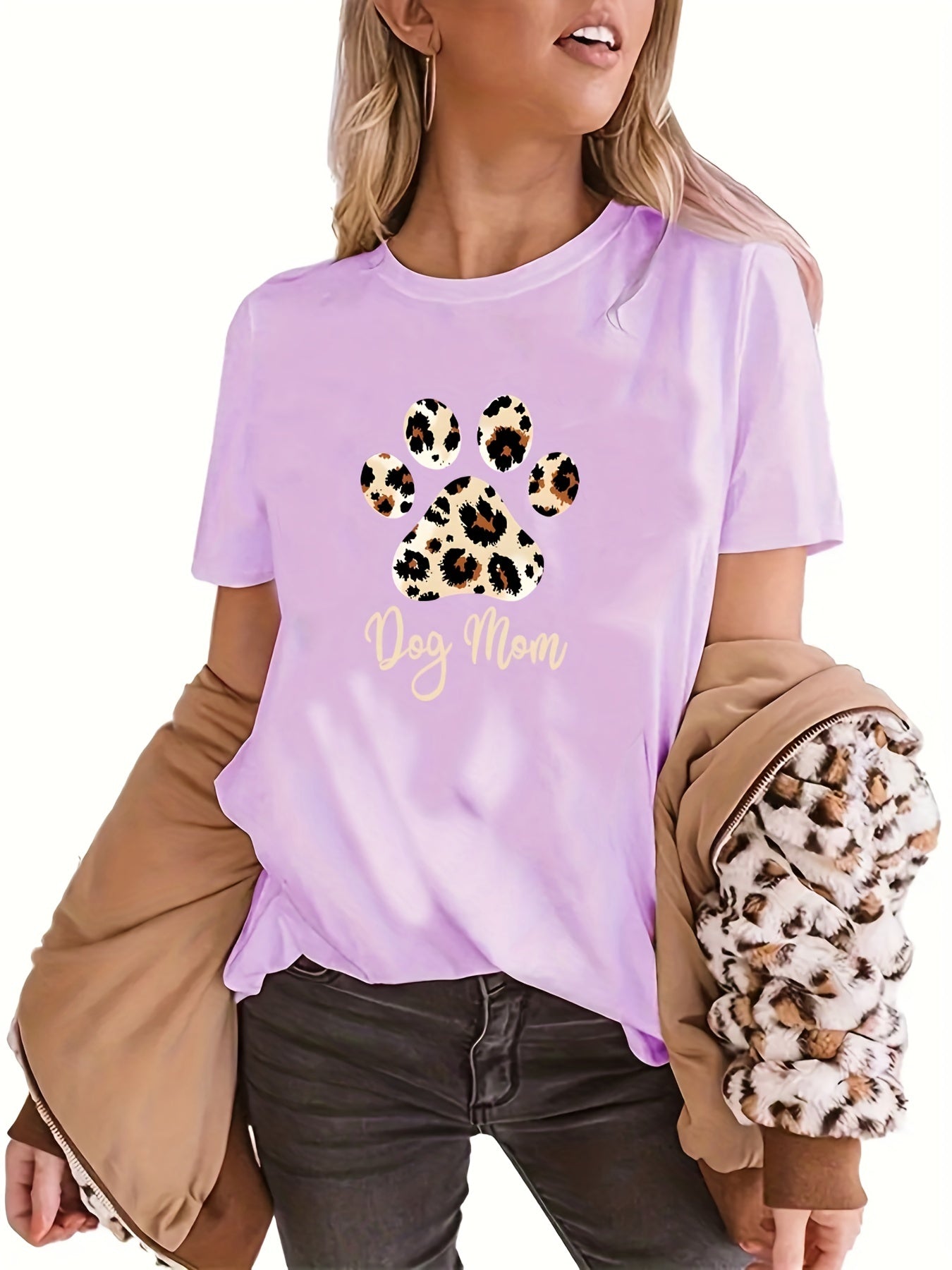 gbolsos Women Funny Leopard Print Dog Mama Graphic Tee, Summer Casual Crew Neck T-shirt, Women's Clothing