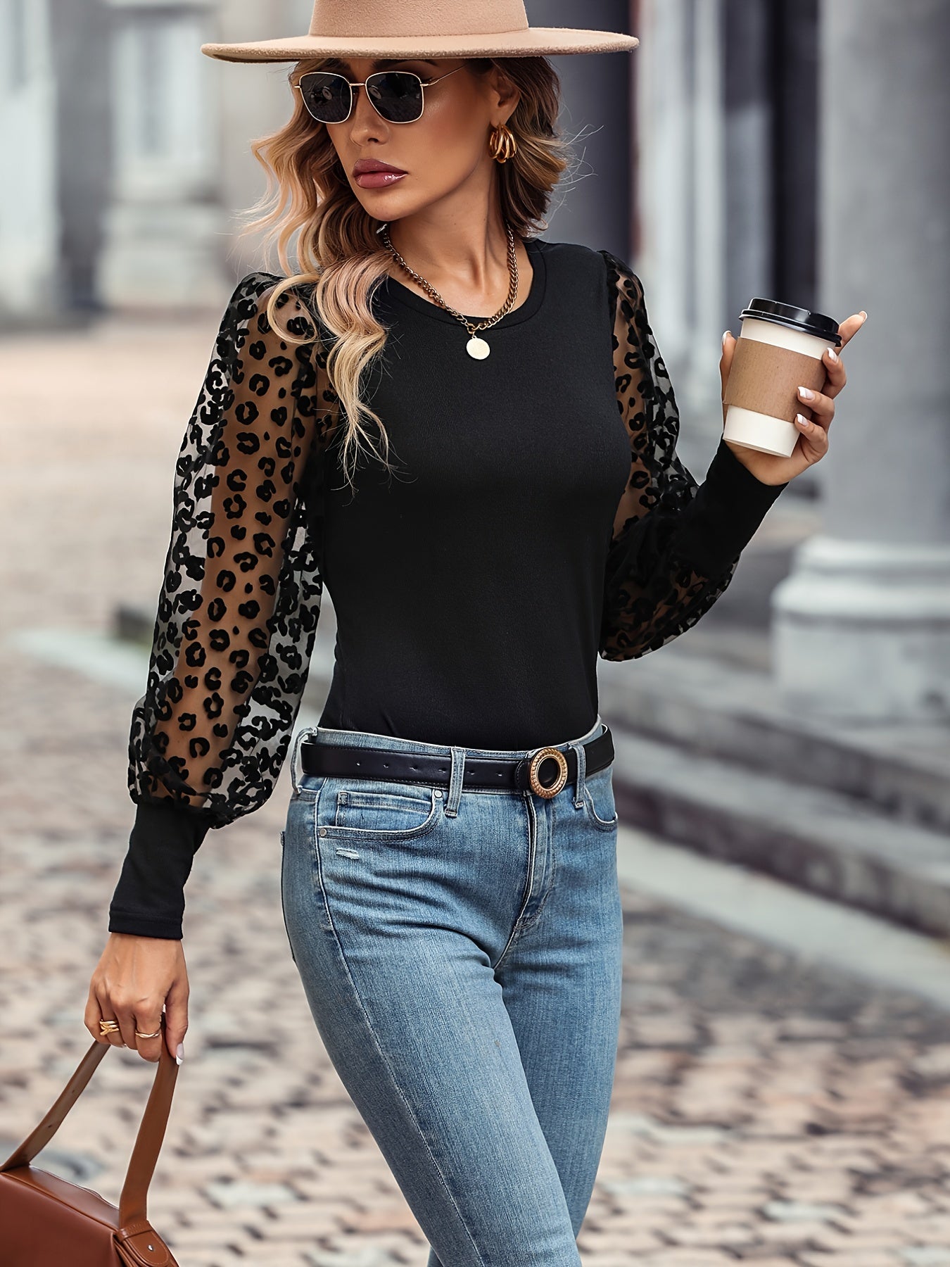kkboxly Solid Color Lace Patchwork Ballon Sleeve Ribbed Knit Tops, Elegant Everyday Blouse, Women's Clothing
