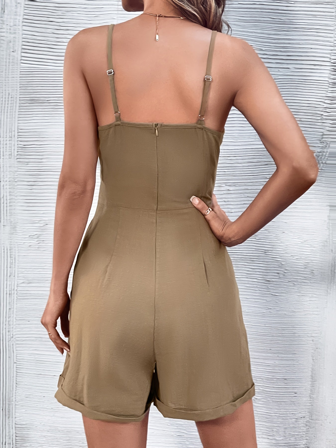 gbolsos Solid Sleeveless Zip Back Jumpsuit, Casual Belted Short Length Wide Leg Jumpsuit, Women's Clothing