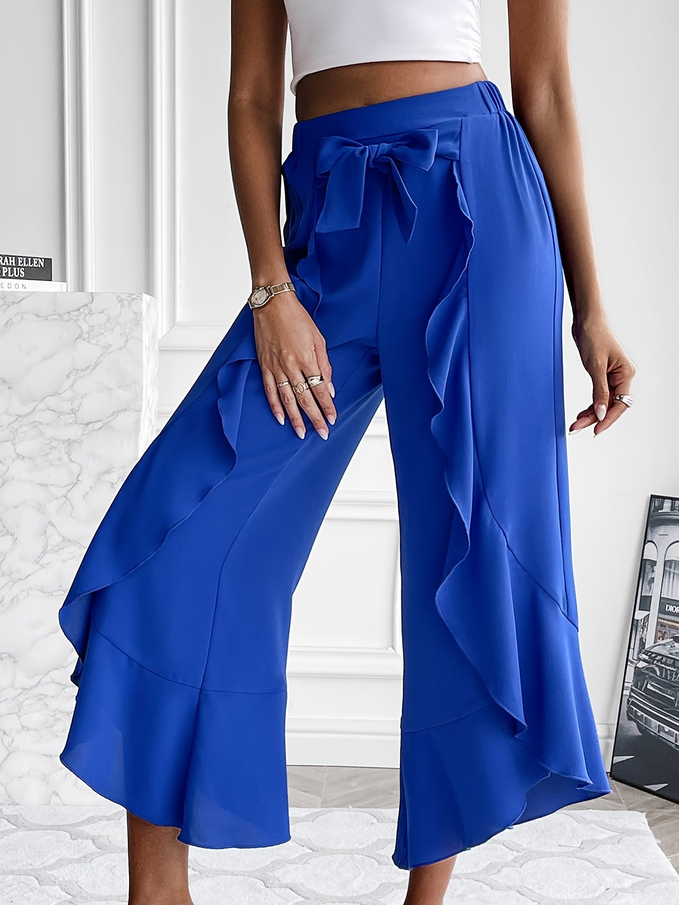 gbolsos Tie Front Irregular Ruffle Trim Pants, Casual Loose Pants For Spring & Fall, Women's Clothing