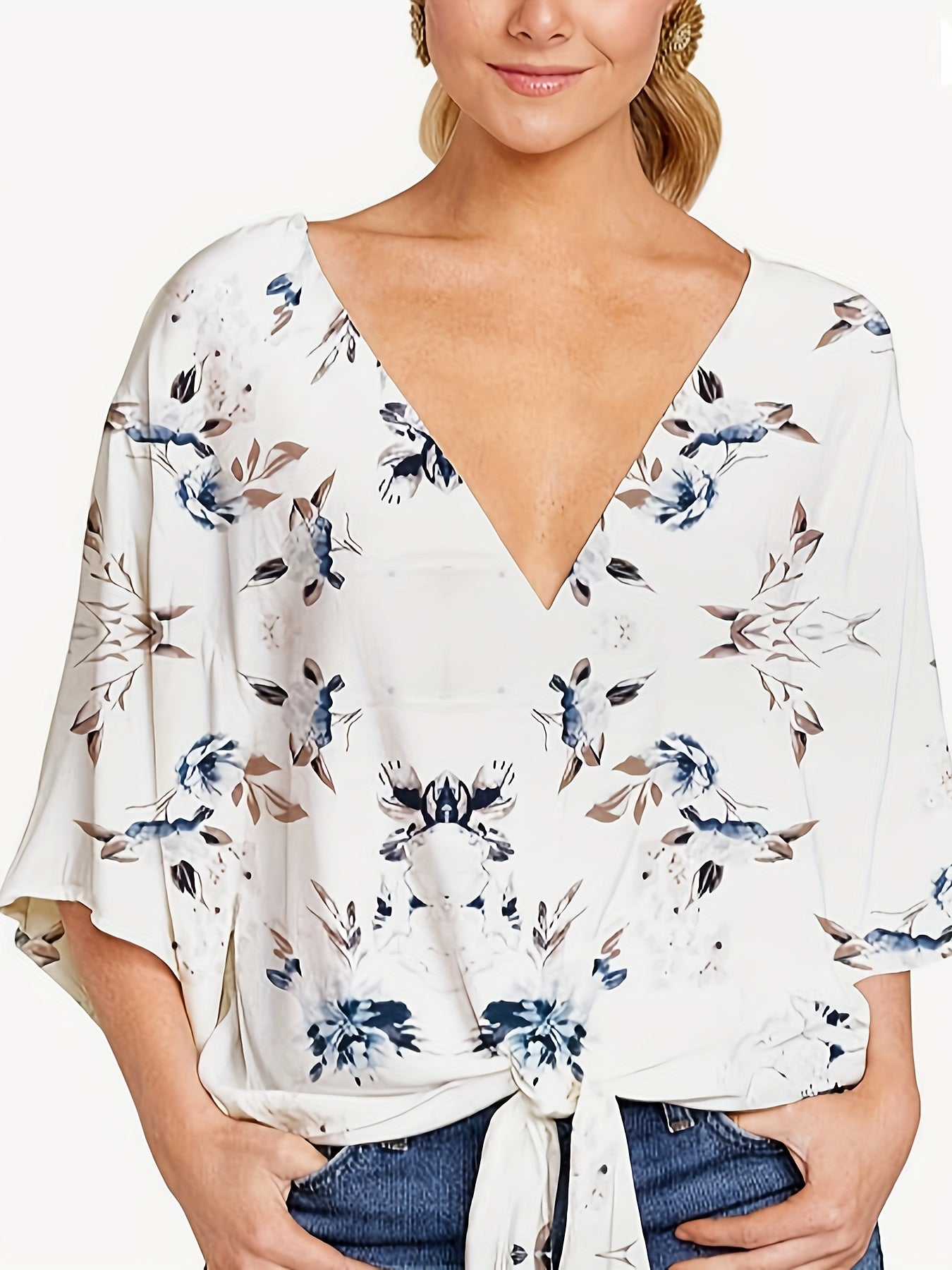 gbolsos Floral Print V-neck Blouse, Vacation Style Half Sleeve Blouse For Spring & Summer, Women's Clothing