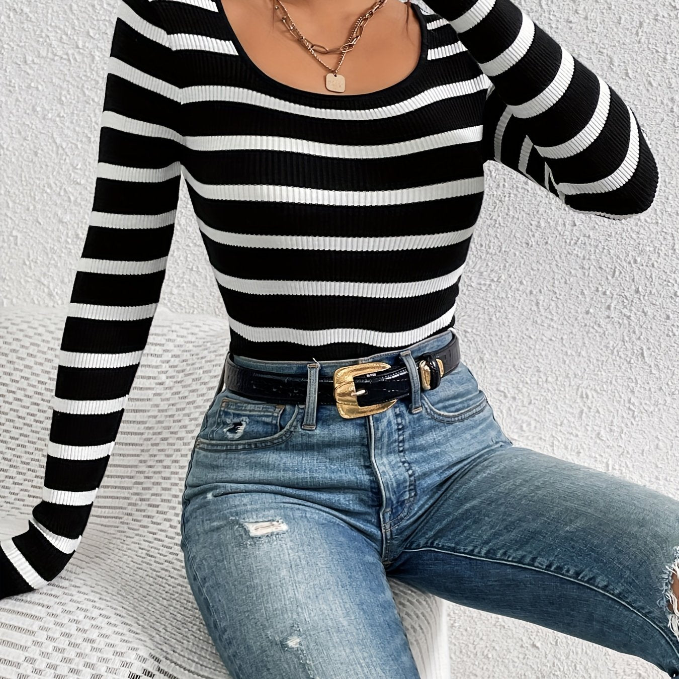 Striped Print Knit Sweater, Sexy Slim Crew Neck Long Sleeve Sweater, Women's Clothing