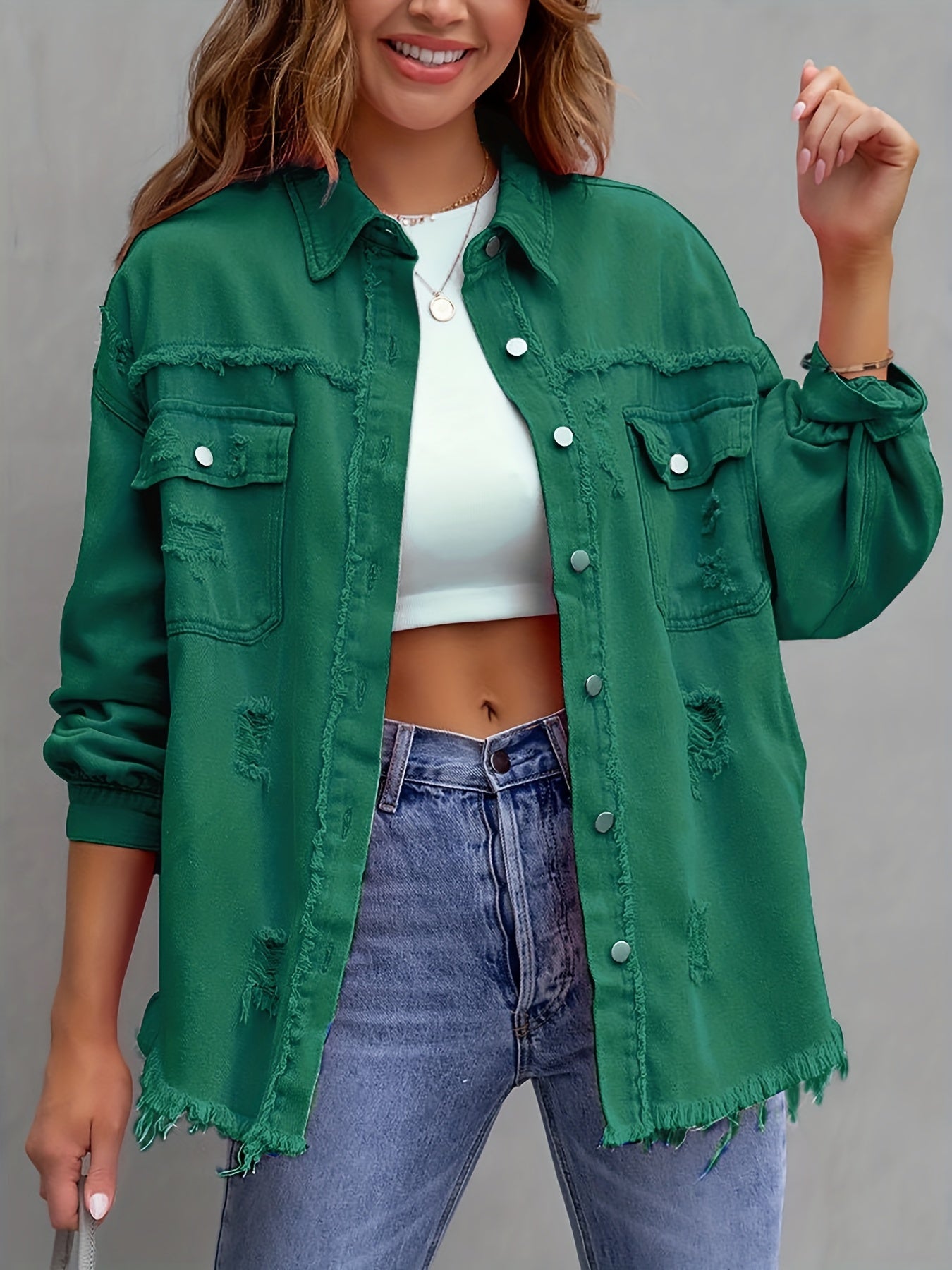Raw Hem Ripped Distressed Denim Jacket, Flap Pockets Long Sleeves Street Style Single-Breasted Denim Coat, Women's Denim Jeans & Clothing