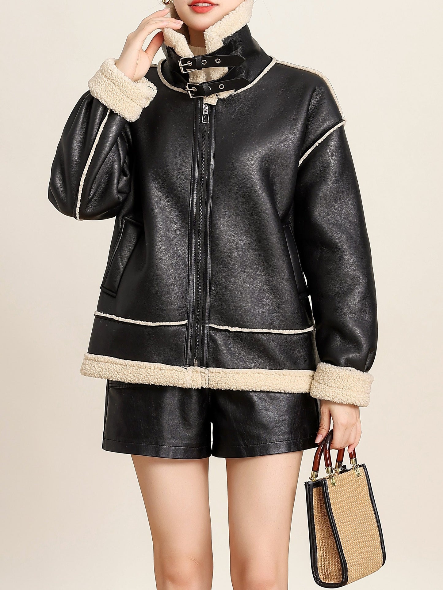 gbolsos Fuzzy Trim Biker Jacket, Casual Zip Up Long Sleeve Winter Outerwear, Women's Clothing