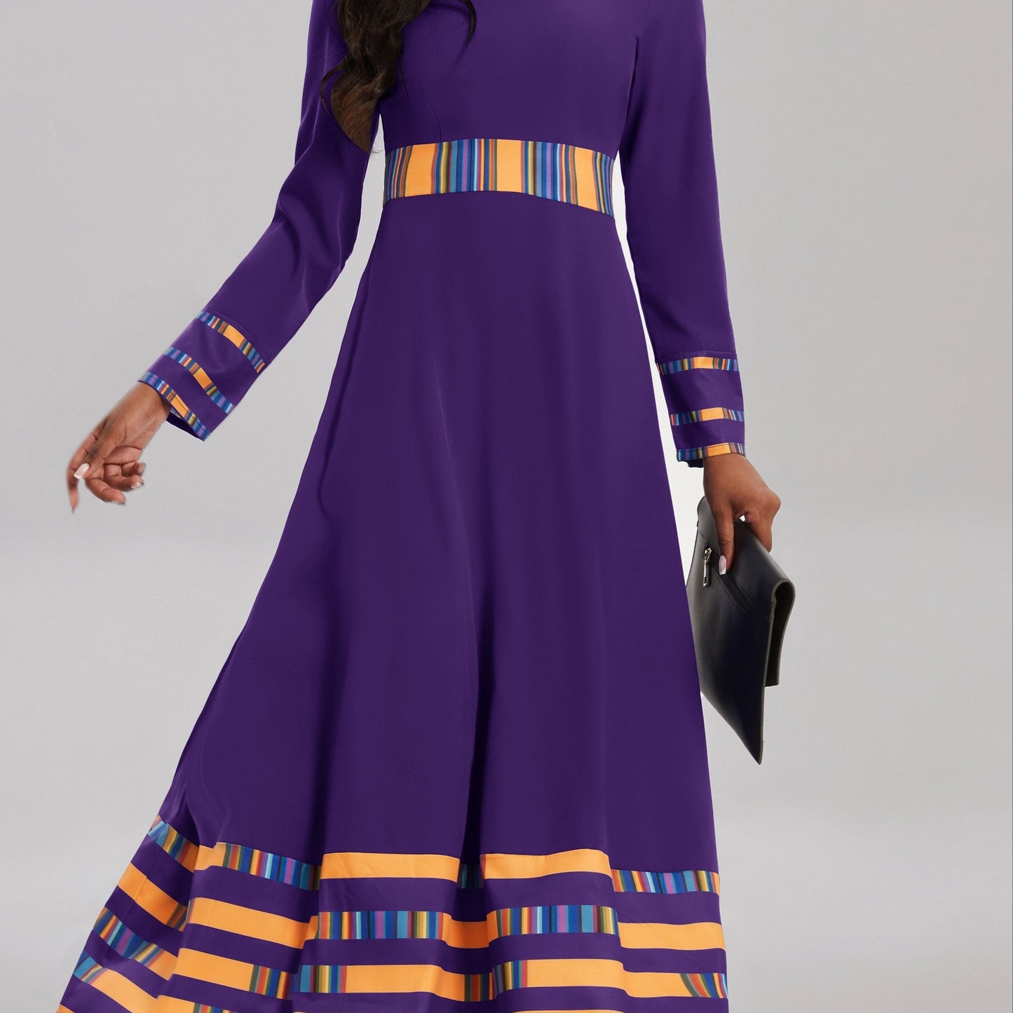 gbolsos Striped & Color Block Ankle Dress, Casual Crew Neck Long Sleeve Dress, Women's Clothing