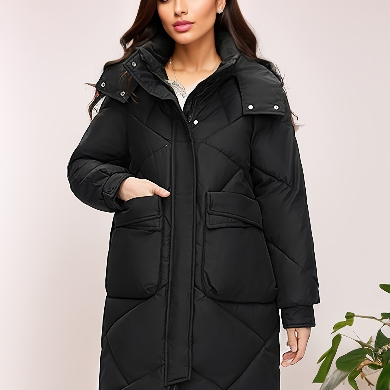 Button Front Warm Hooded Coat, Casual Long Length Winter Outerwear, Women's Clothing