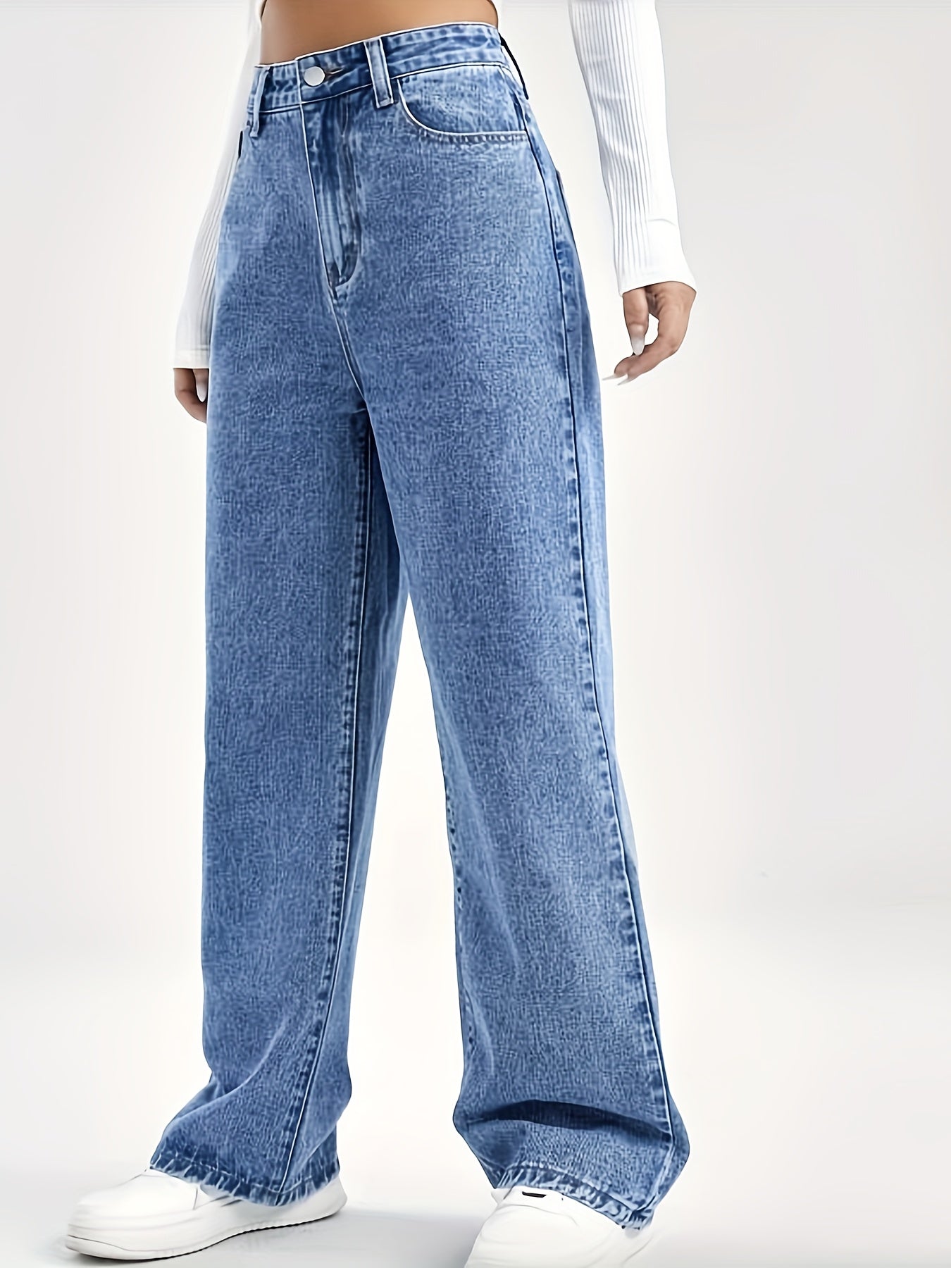 gbolsos Slant Pocket Wide Leg Jeans, Button Zipper Closure Loose Leisure Denim Pants, Women's Denim Jeans & Clothing