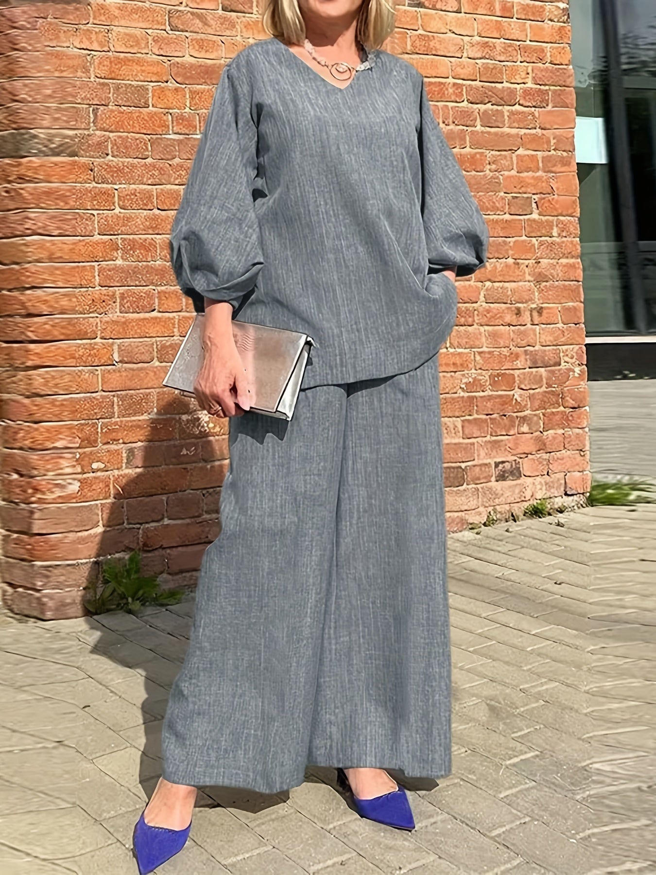Solid Casual Two-piece Set, V Neck Lantern Sleeve Tops & Wide Leg Pants Outfits, Women's Clothing