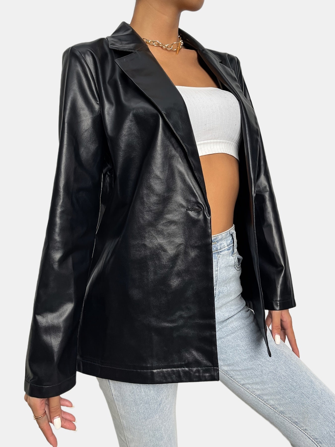 gbolsos Solid Lapel Faux Leather Long Sleeve Jacket, Elegant Open Front Stylish Outerwear, Women's Clothing