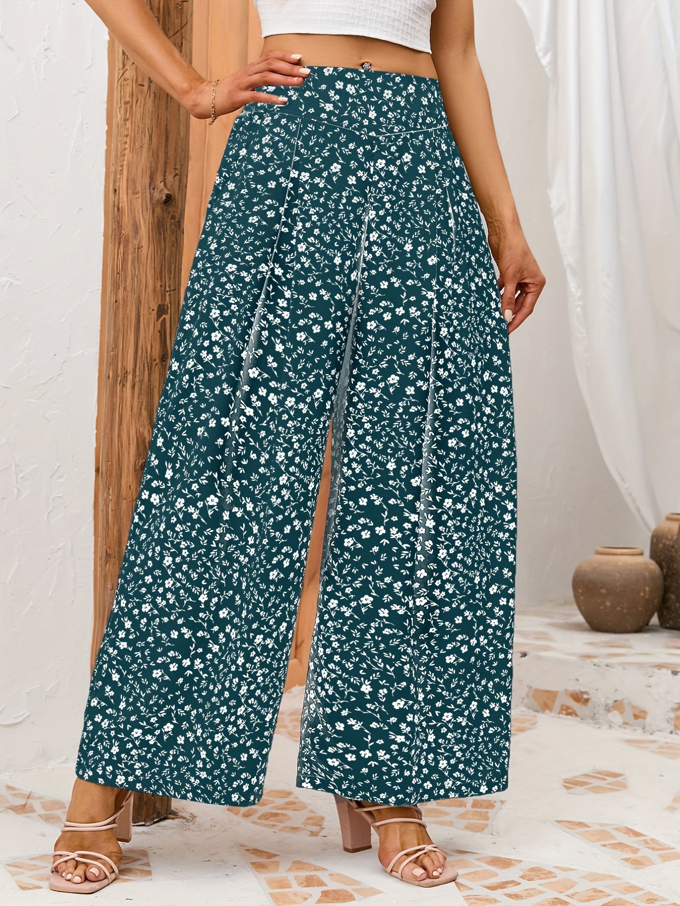 gbolsos Floral Print Wide Leg Pants, Casual Loose Pants For Spring & Summer, Women's Clothing