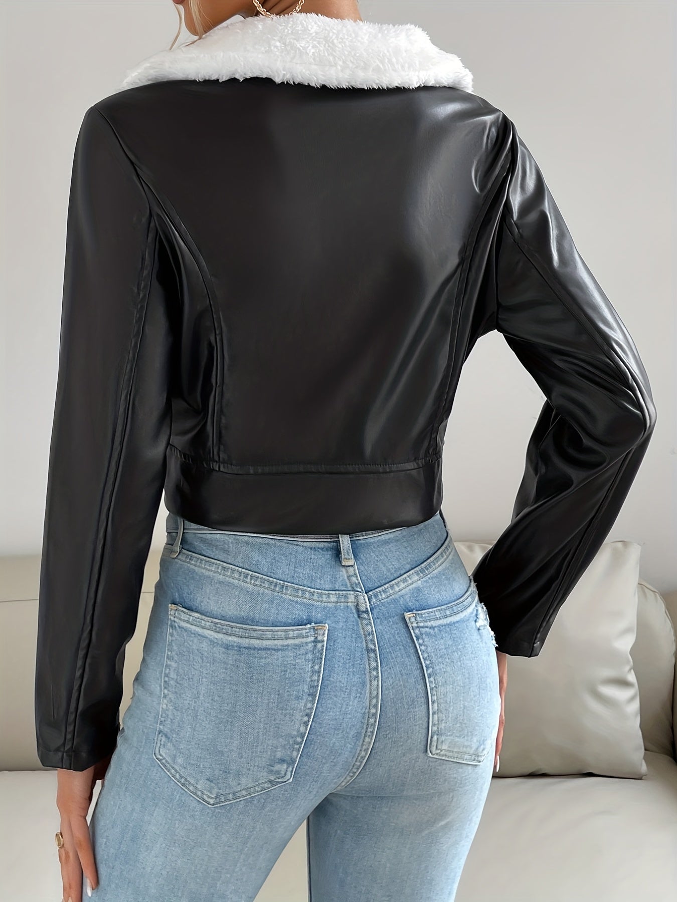 gbolsos Zip Up PU Leather Jacket, Casual Long Sleeve Solid Outerwear, Women's Clothing