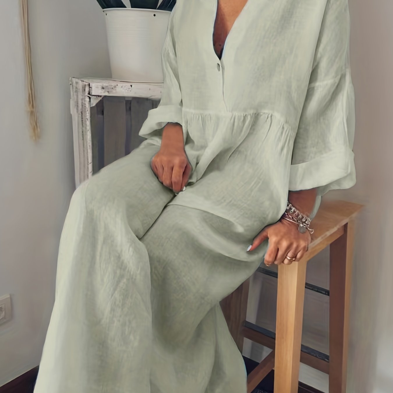 gbolsos Plus Size Casual Dress, Women's Plus Solid Long Sleeve V Neck Button Up Loose Maxi Dress
