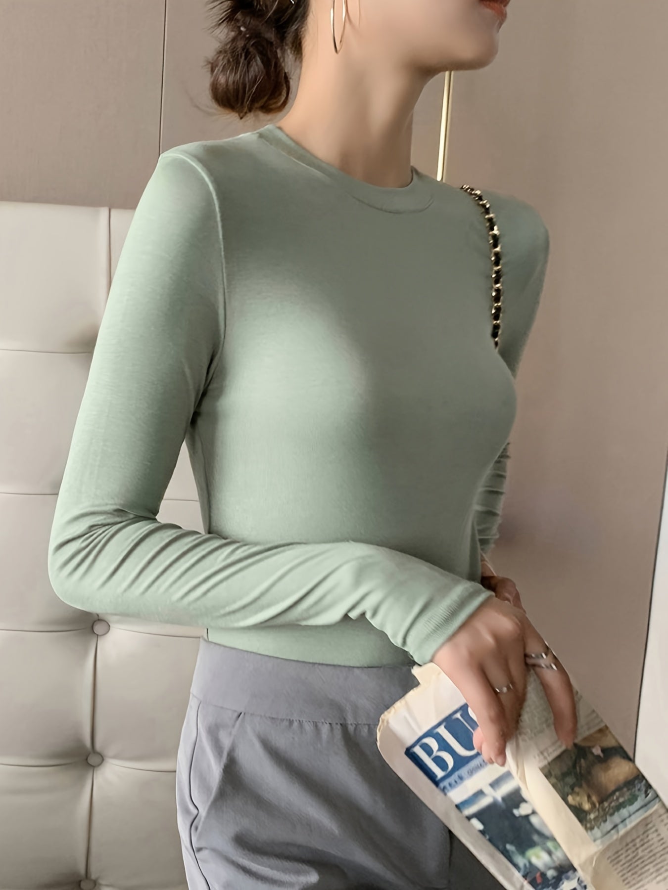 gbolsos Solid Slim T-Shirt, Crew Neck Long Sleeve Stretchy T-Shirt, Casual Every Day Tops, Women's Clothing