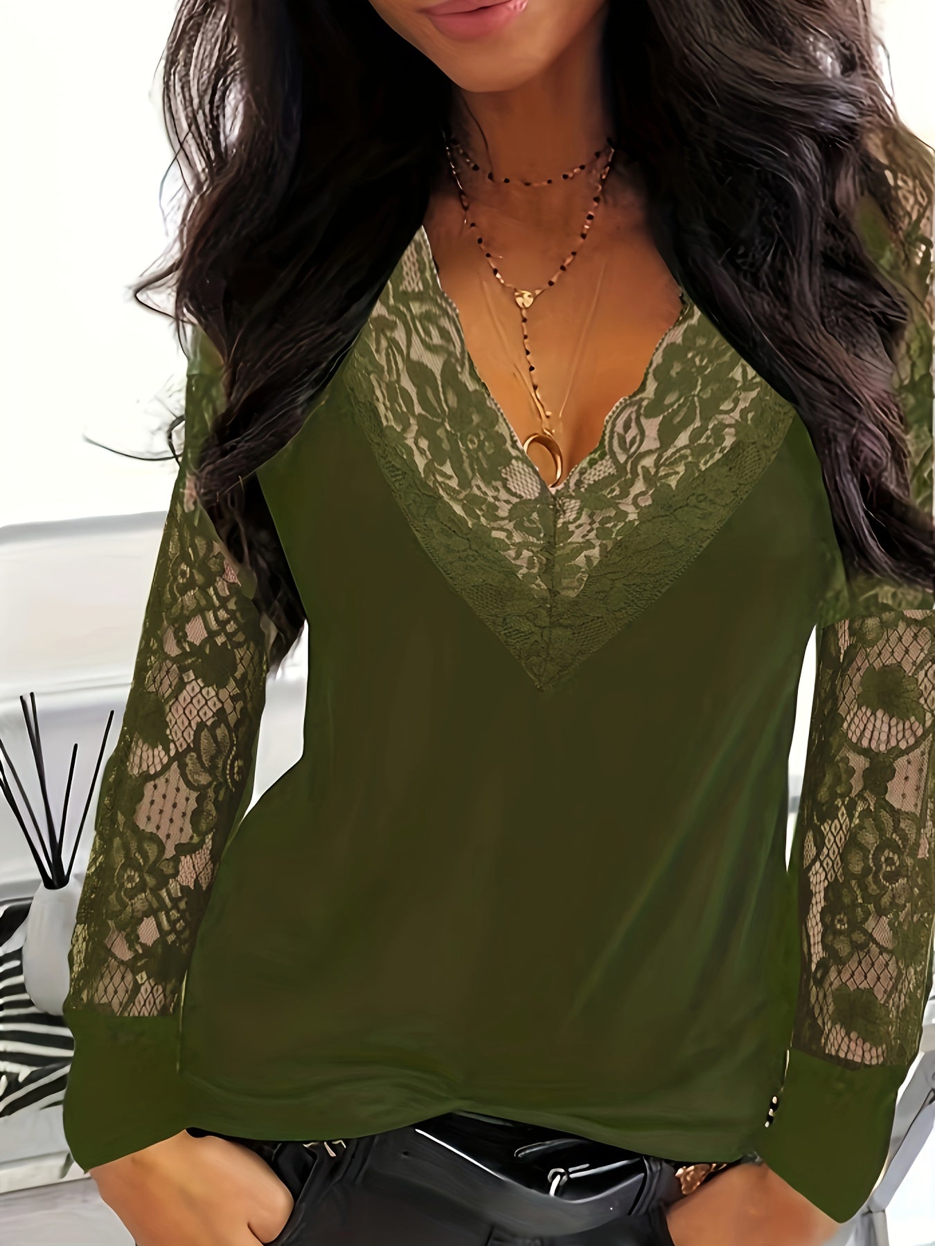gbolsos Lace Hem Stitching T-Shirt, Casual V-Neck Long Sleeve T-Shirt, Casual Every Day Tops, Women's Clothing