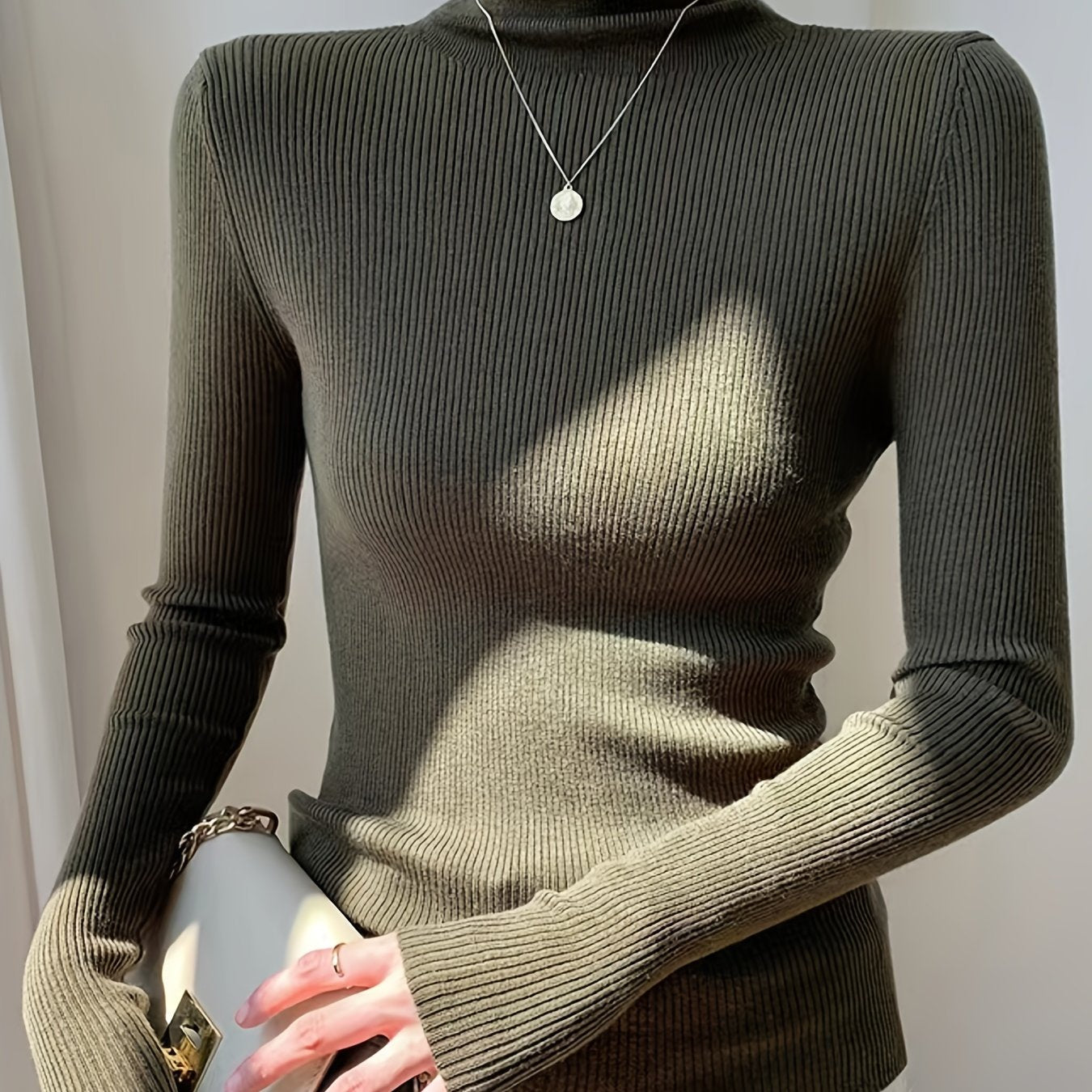 gbolsos Women's Sweater Turtleneck Solid Ribbed Long Sleeve Slim Pullover Knit Tops