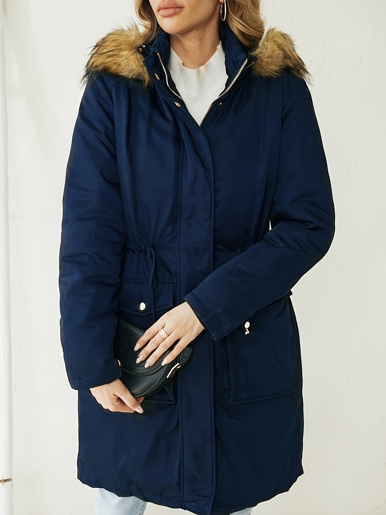 gbolsos Faux Fur Trim Hooded Coat, Casual Zip & Button Front Long Sleeve Winter Warm Outerwear, Women's Clothing