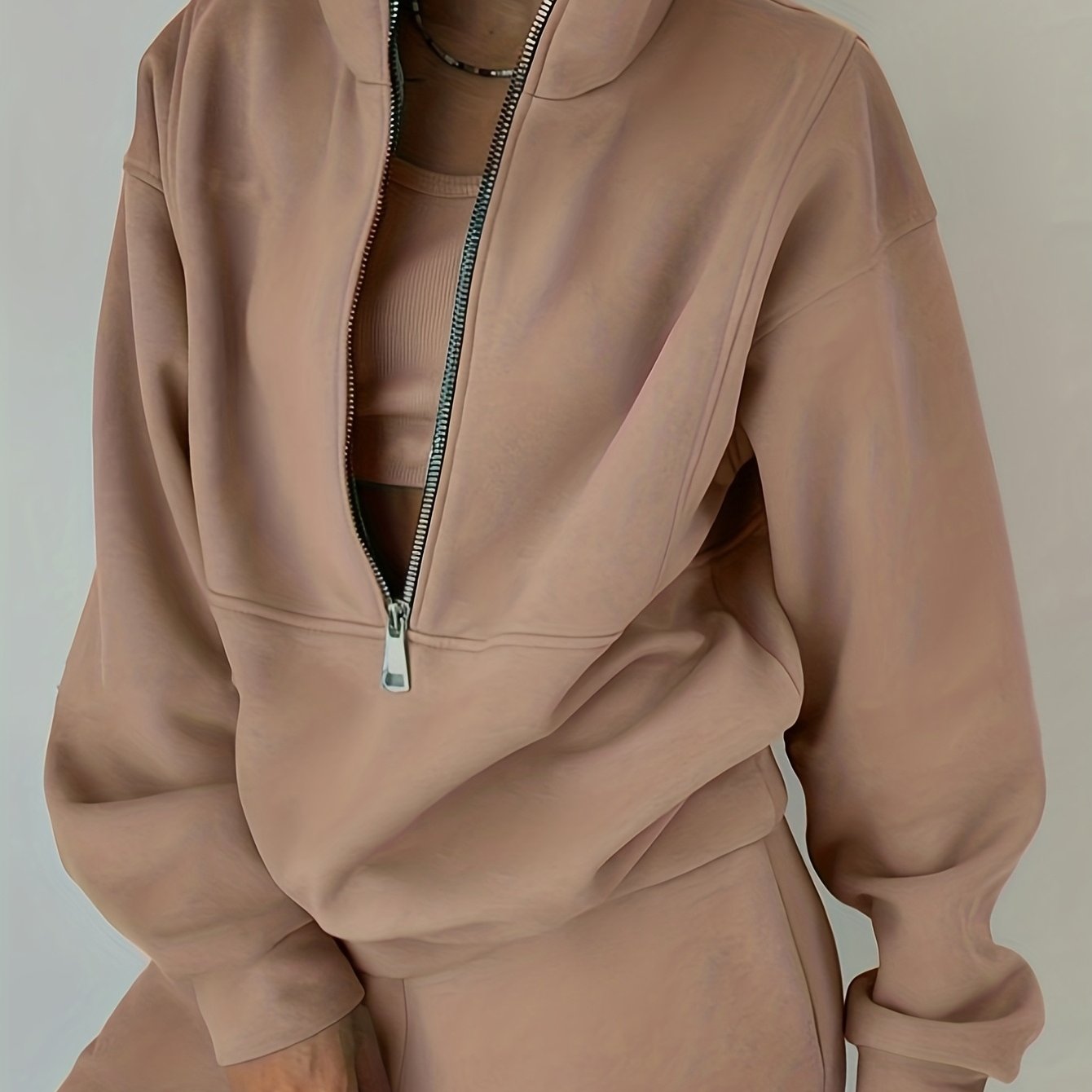 Casual Matching Two-piece Set, Zip Up Sweatshirt & Solid Sweatpants Outfits, Women's Clothing