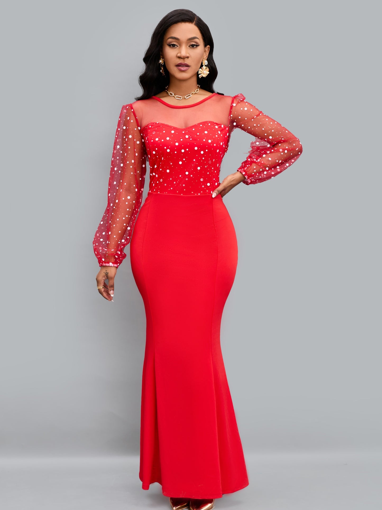 gbolsos Round Neck Mesh Stitching Dress, Elegant Slim Long Sleeve Waist Long Dresses, Women's Clothing