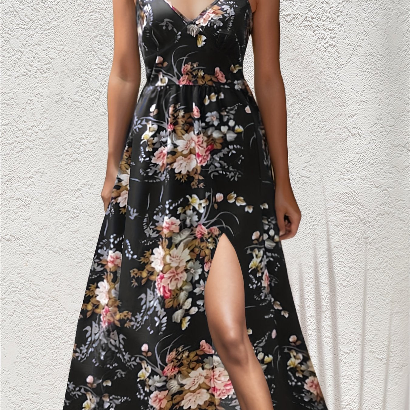 gbolsos Tropical Print Cami Dress, Vacation Split Thigh Sleeveless Summer Maxi Dress, Women's Clothing