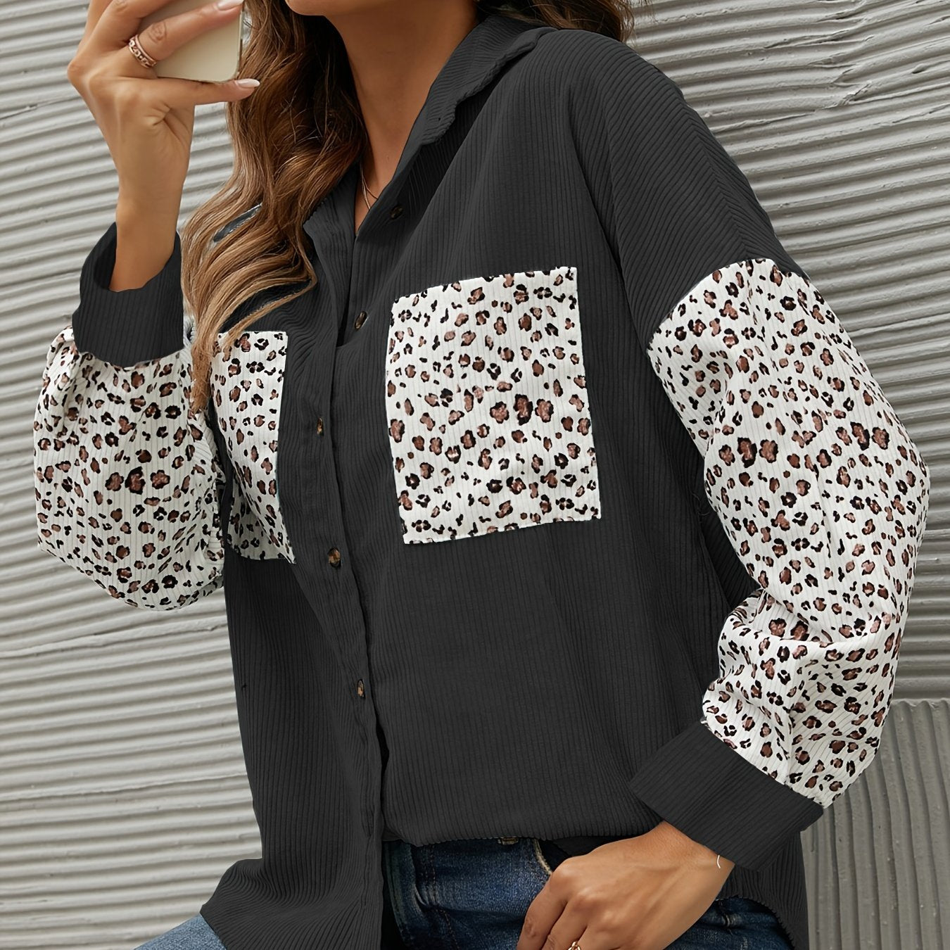 gbolsos Corduroy Leopard Print Stitching Coat, Casual Lapel Long Sleeve Button Down Fashion Loose Outerwear, Women's Clothing