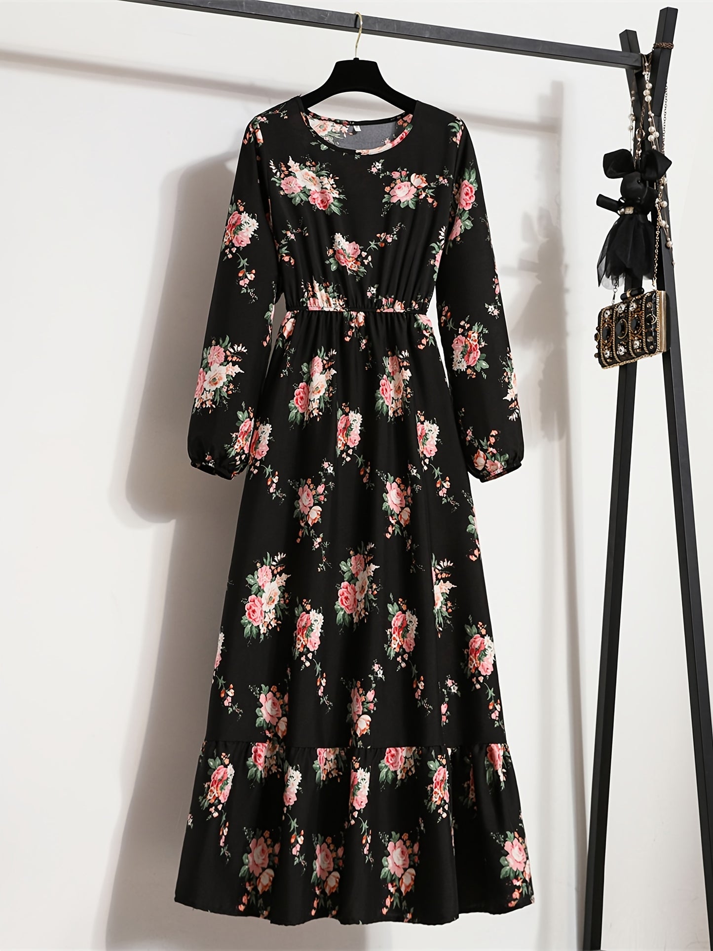 gbolsos Elegant Summer High Waist Fashion Ditsy Floral Print Dress, Slim Temperament Maxi Dresses, Women's Clothing