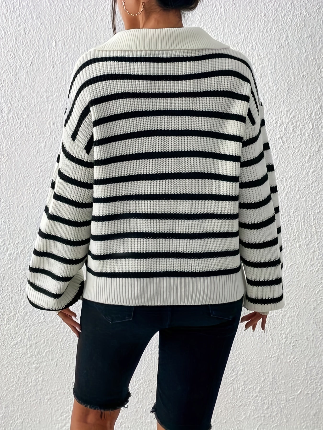 gbolsos Striped Half Zip Pullover Sweater, Casual Long Sleeve Drop Shoulder Sweater, Women's Clothing