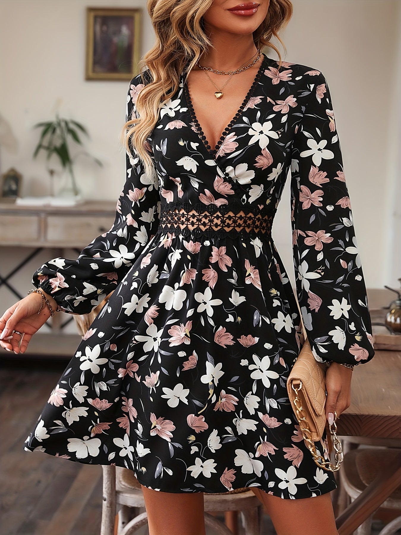 gbolsos Floral Print Surplice Neck Dress, Elegant Long Sleeve A Line Dress, Women's Clothing