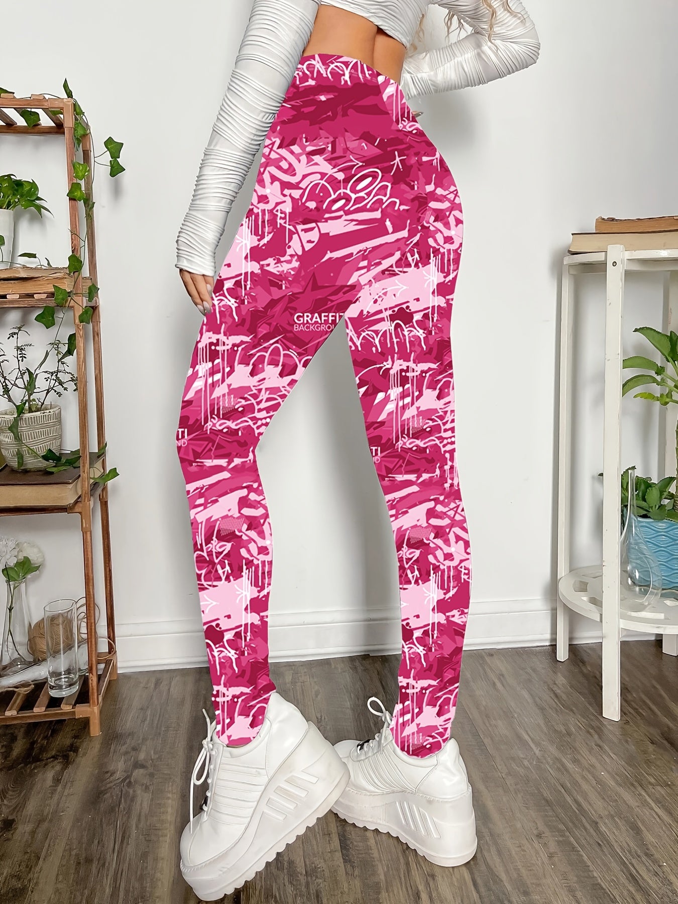 gbolsosGraffiti Print Skinny Leggings, Casual Every Day Stretchy Leggings, Women's Clothing
