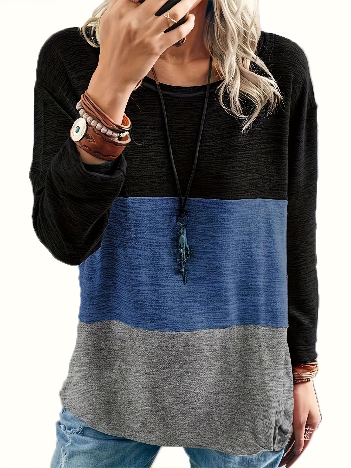 Plus Size Casual Top, Women's Plus Colorblock Long Sleeve Round Neck Medium Stretch Top