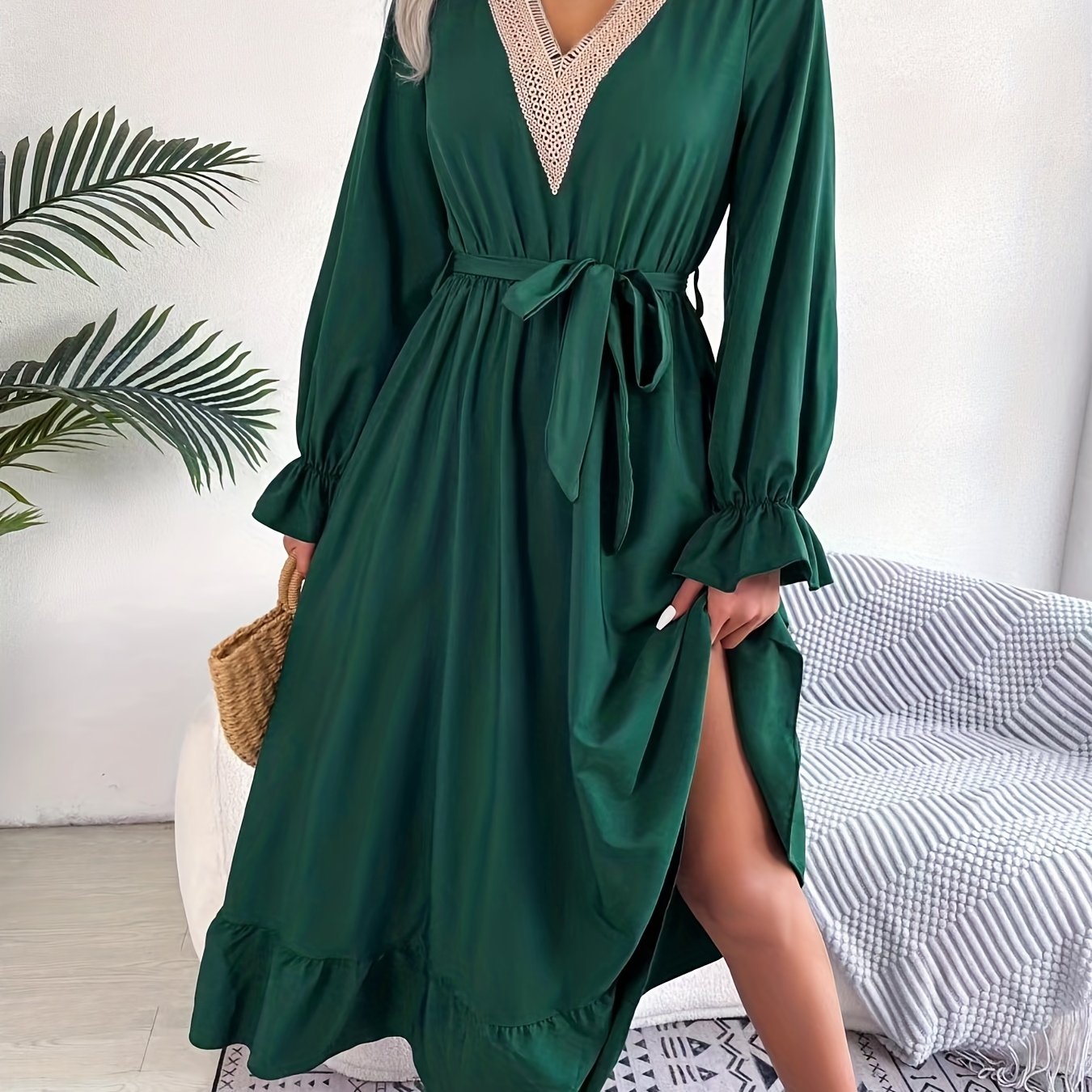 gbolsos Guipure Lace Ruched Dress, Casual V Neck Long Sleeve Ruffle Hem Dress, Women's Clothing