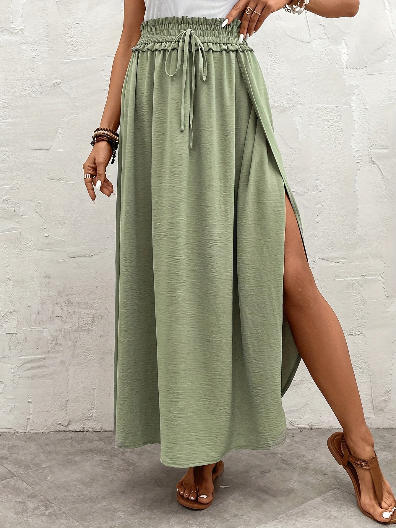 gbolsos Solid Paper Bag Waist Skirt, Casual Split Beach Maxi Skirt, Women's Clothing