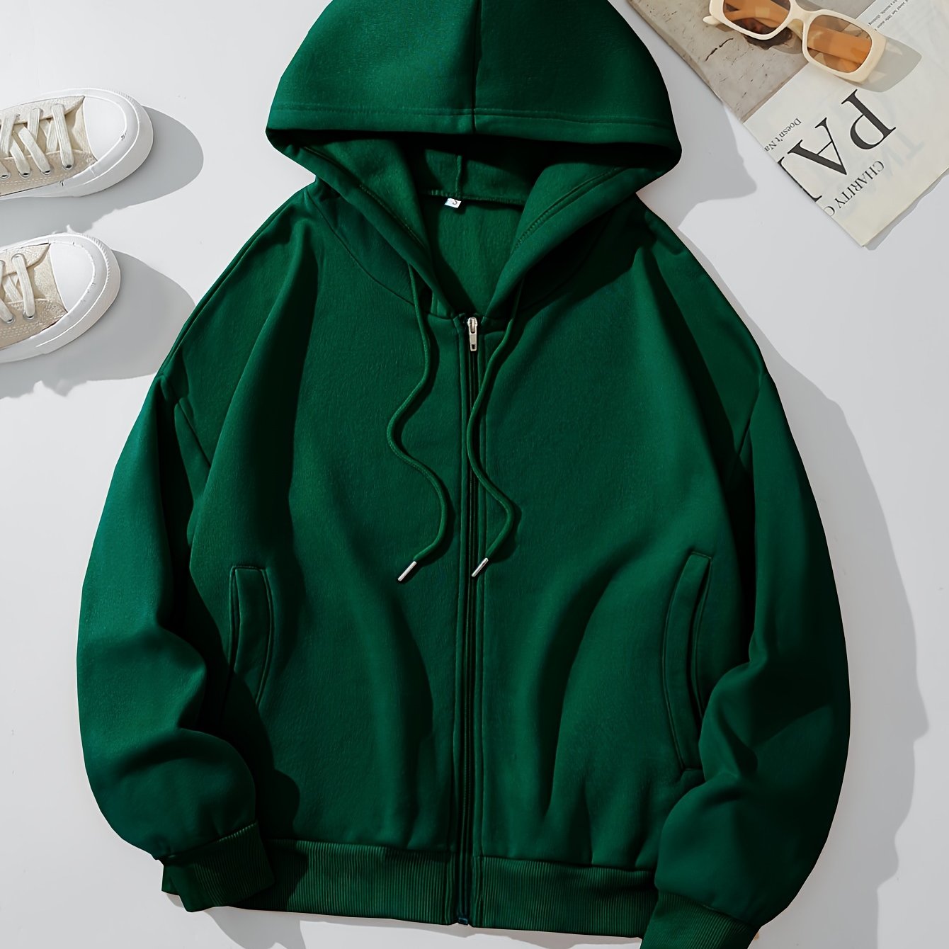 gbolsosSolid Zip Up Hoodie With Pocket, Drawstring Long Sleeves Active Hooded Sweatshirt