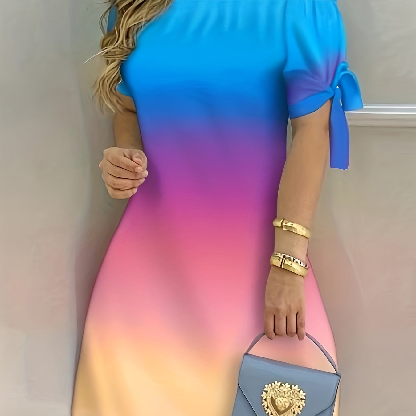 gbolsos Color Block Off Shoulder Dress, Elegant Backless Short Sleeve Dress For Spring & Summer, Women's Clothing