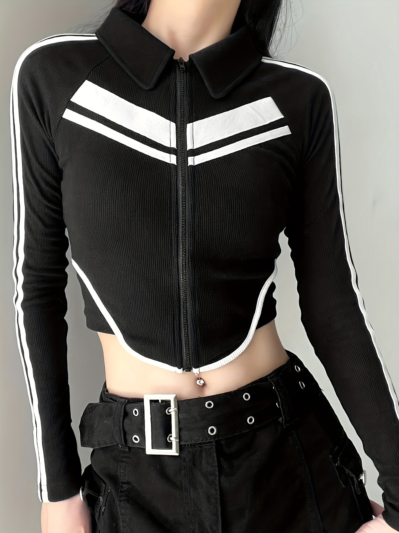 kkboxly Colorblock Ribbed Zip Front Crop T-Shirt, Y2K Long Sleeve Top For Spring & Fall, Women's Clothing