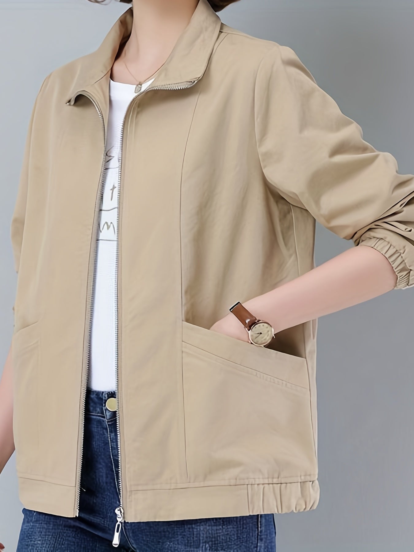 gbolsos Zip Up Pocket Front Jacket, Casual Long Sleeve Solid Outerwear, Women's Clothing