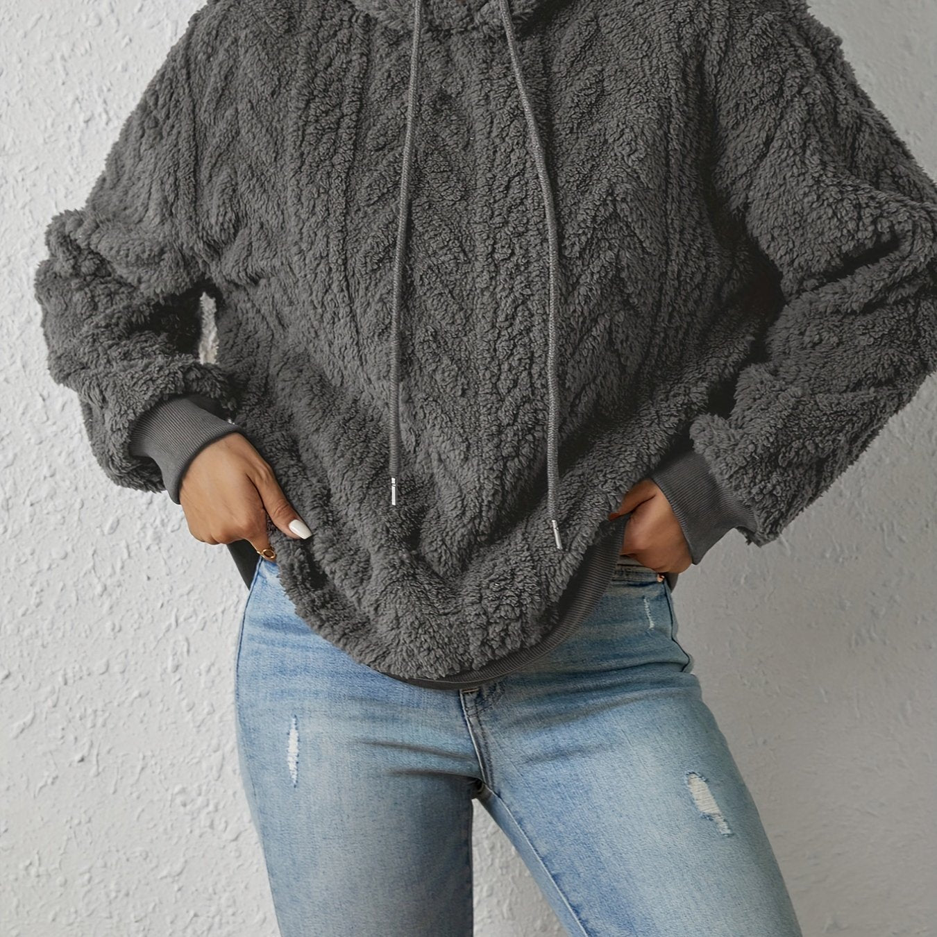 Textured Hoodie Plush Sweatshirt, Casual Long Sleeve Drawstring Hoodies Sweatshirt, Women's Clothing