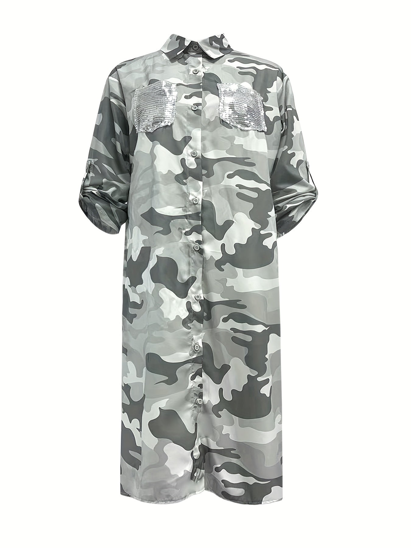 gbolsos Camo Print Shirt Dress, Casual Button Front Long Sleeve Collar Dress, Women's Clothing
