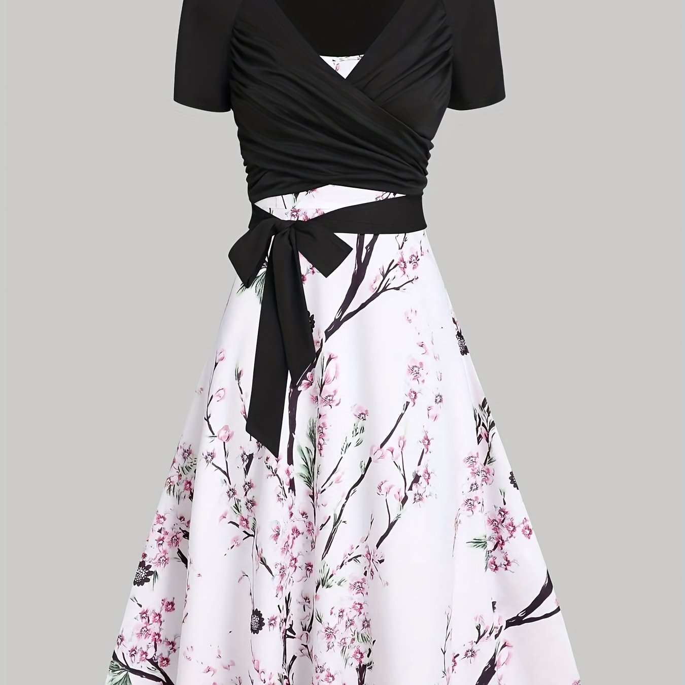 gbolsos Elegant Two-piece Skirt Set, Short Sleeve Surplice Neck Belted Top & Floral Print Flared Skirt Outfits, Women's Clothing