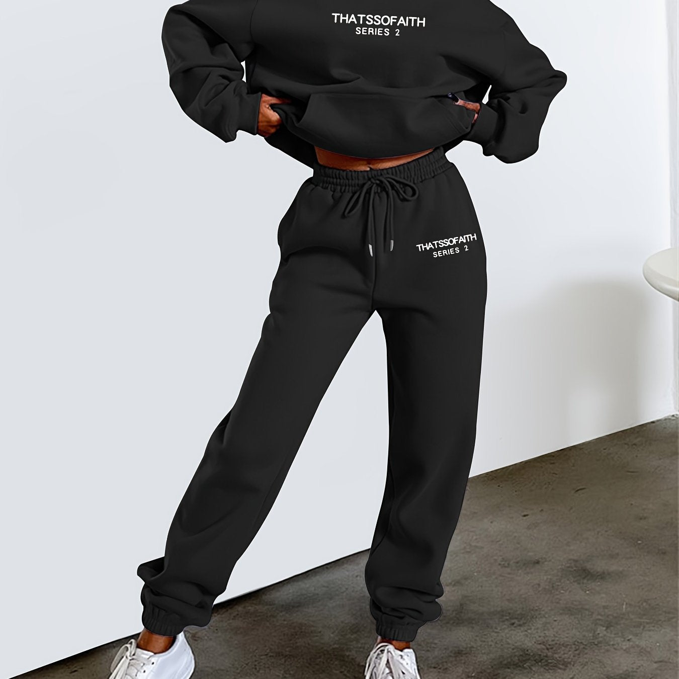 gbolsos Letter Print Casual Two-piece Set, Drawstring Hooded Tops & Drawstring Jogger Pants Outfits, Women's Clothing