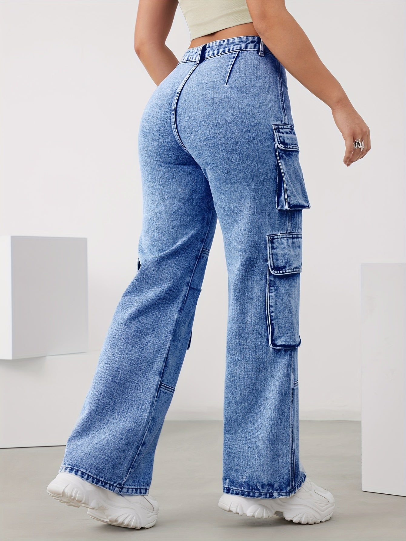 gbolsos Sky Blue Multi-pocket Cargo Pants, High Waist Loose Wide Leg Denim Pants, Women's Denim Jeans & Clothing