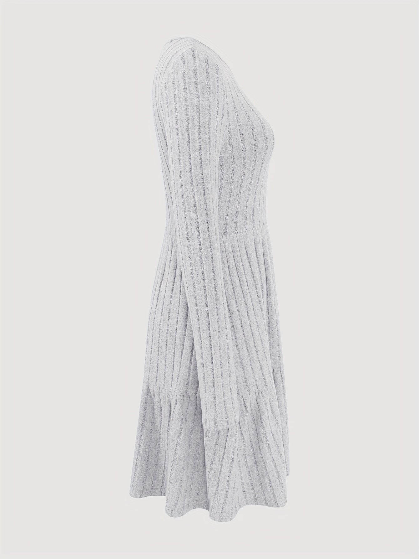 Ribbed Ruffle Hem Solid Dress, Elegant Crew Neck Long Sleeve Dress, Women's Clothing