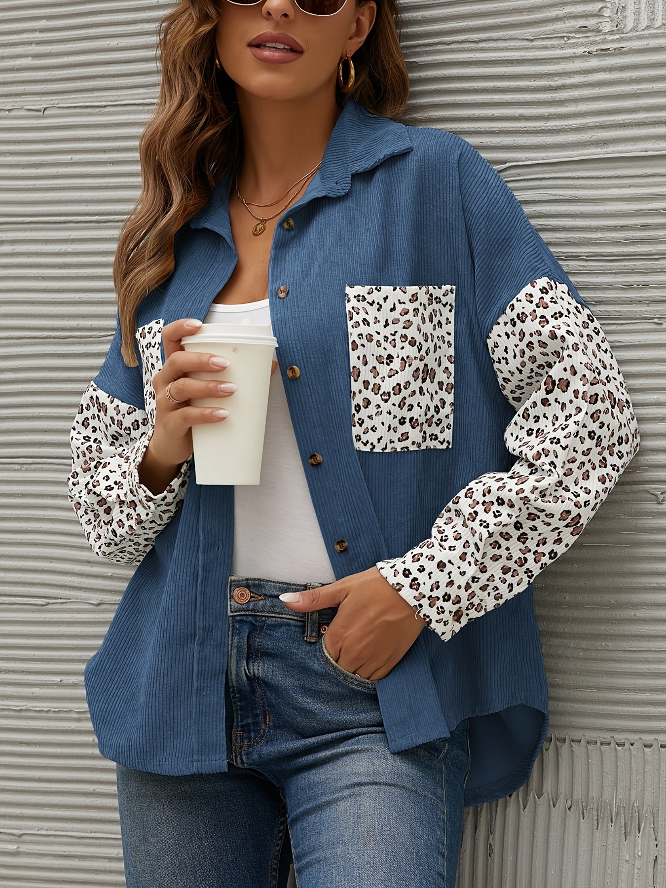 gbolsos Corduroy Leopard Print Stitching Coat, Casual Lapel Long Sleeve Button Down Fashion Loose Outerwear, Women's Clothing