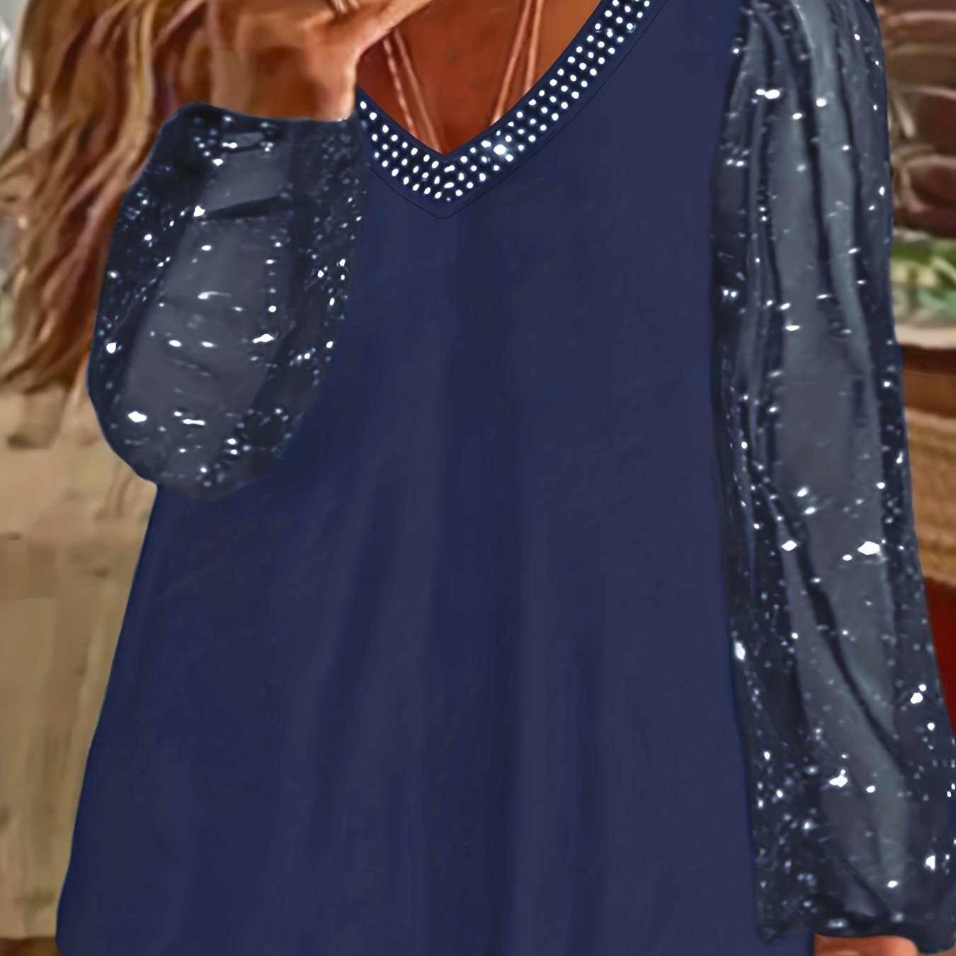 Plus Size Sexy Top, Women's Plus Solid Contrast Mesh Sequins & Rhinestone Decor Long Sleeve V Neck Top