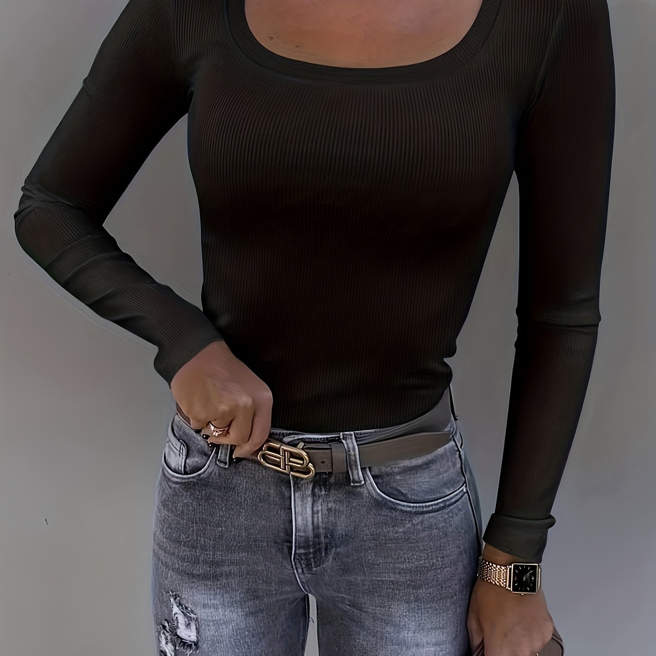 gbolsos Ribbed Crew Neck T-Shirt, Casual Slim Long Sleeve Top For Spring & Fall, Women's Clothing