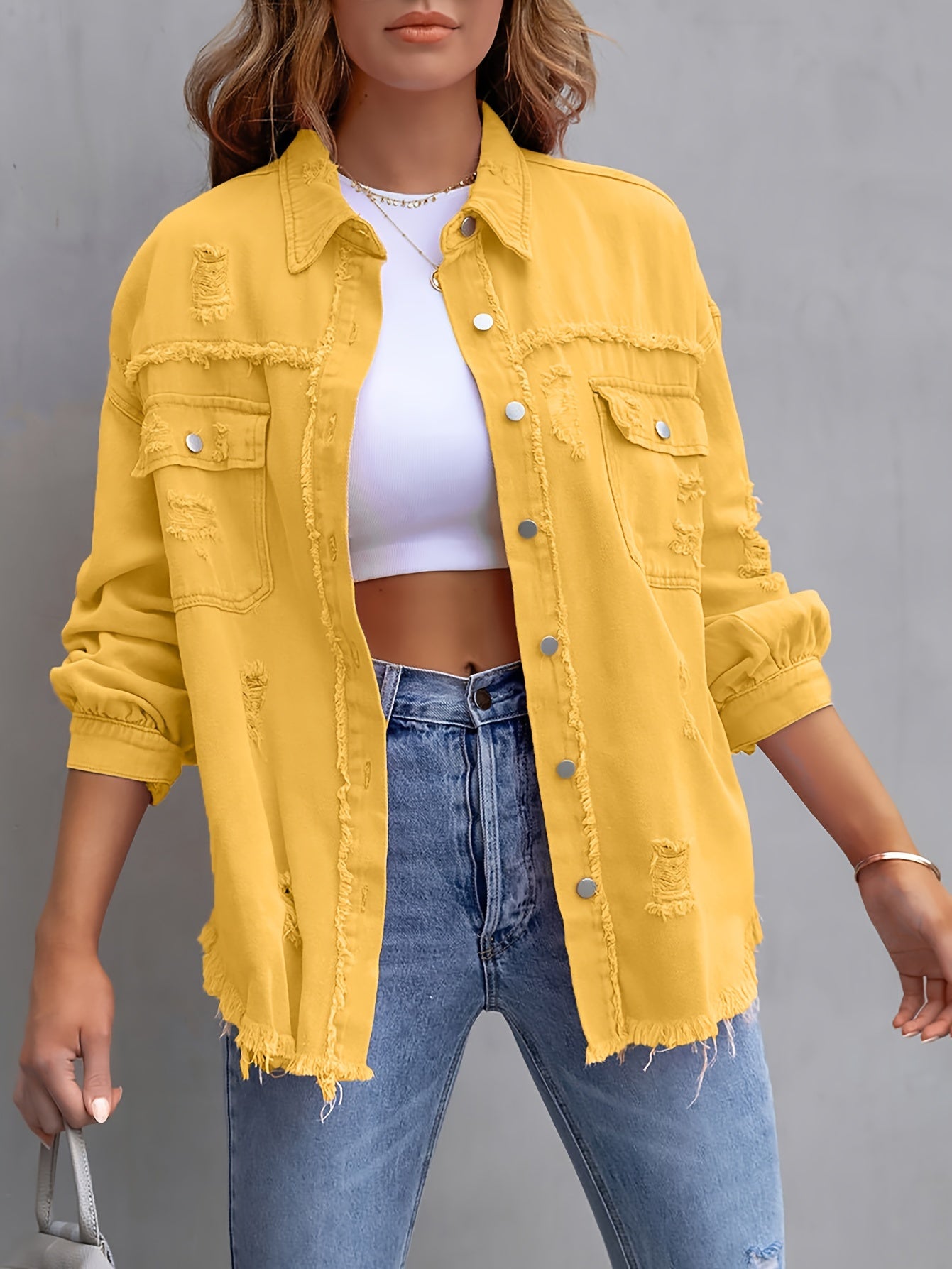 gbolsos Raw Hem Ripped Distressed Denim Jacket, Flap Pockets Long Sleeves Street Style Single-Breasted Denim Coat, Women's Denim Jeans & Clothing