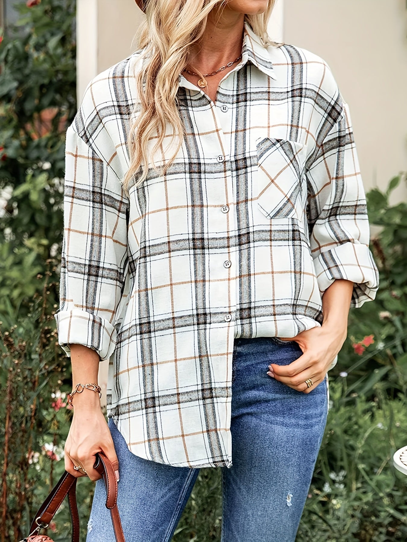 gbolsos Plaid Button Front Pocket Shirt, Casual Long Sleeve Shirt For Spring & Fall, Women's Clothing