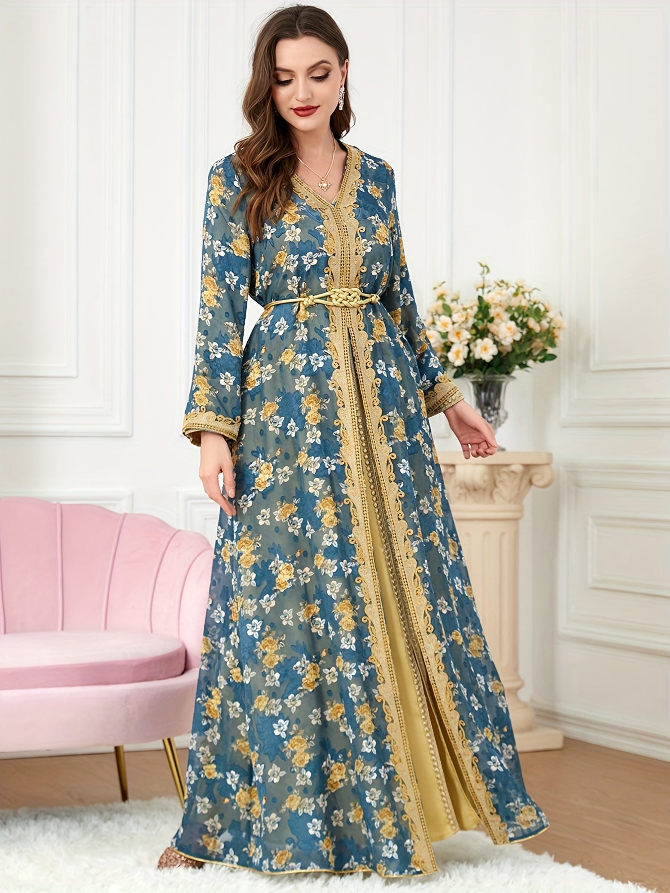 gbolsos Floral Print Contrast Collar Kaftan Dress, Elegant V Neck Long Sleeve Maxi Dress, Women's Clothing